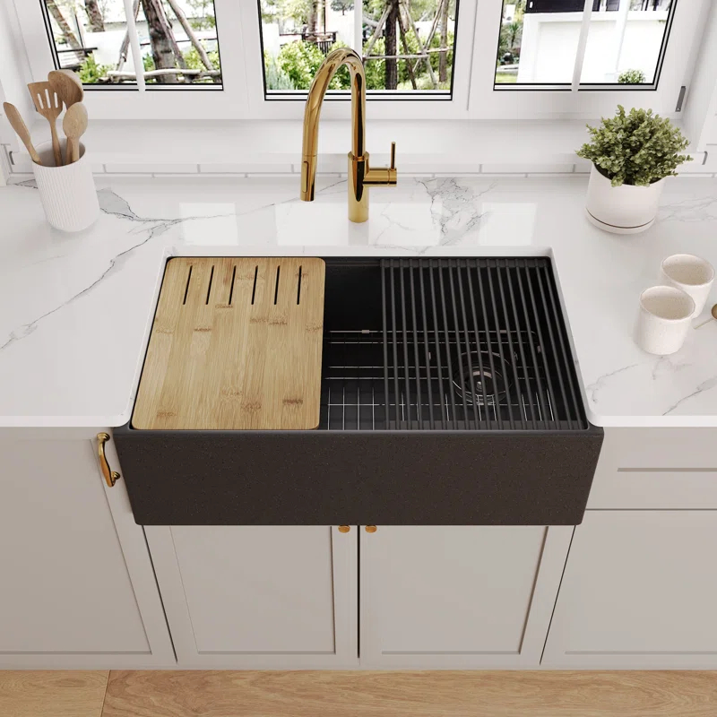 30-inch L Single Bowl Concrete Workstation Farmhouse Kitchen Sink Large Capacity Deep Dual Mount with Accessories
