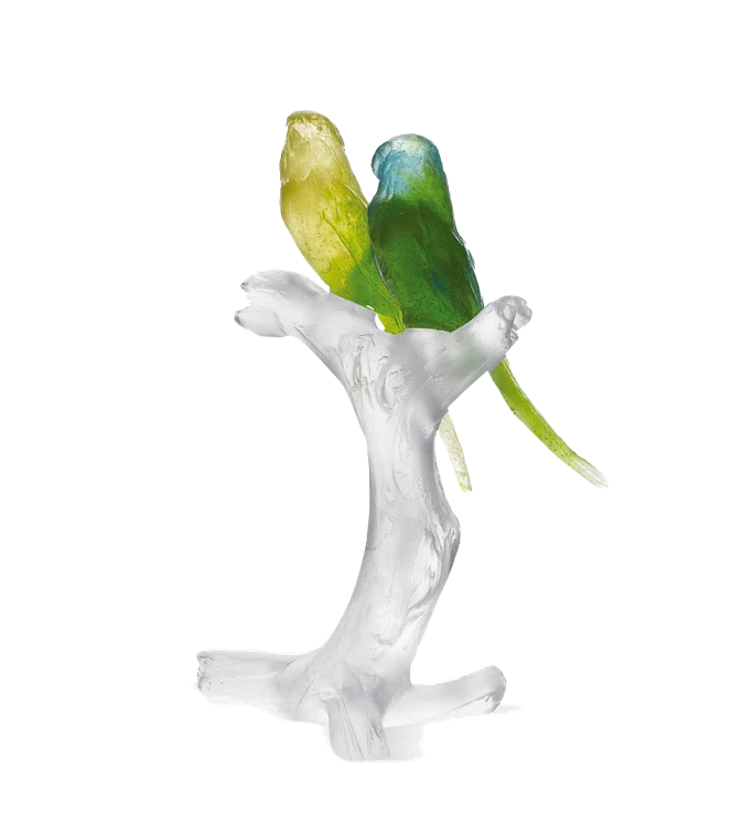 Vibrant Yellow and Green Crystal Lovebirds Figurine on Clear Branch