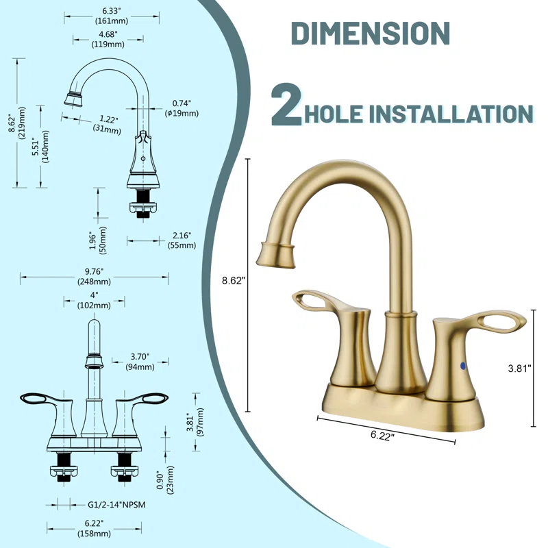 CASAINC KCL0014-BG 4-inch Centerset Bathroom Faucet with Drain