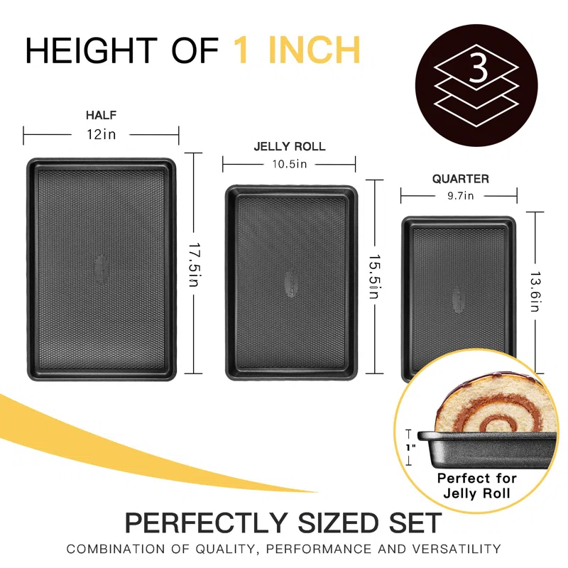 CAPBOL Baking Sheet Pan Set of 3, Cookie Sheets for Oven, Nonstick Half/Quarter/Jelly Roll Pans