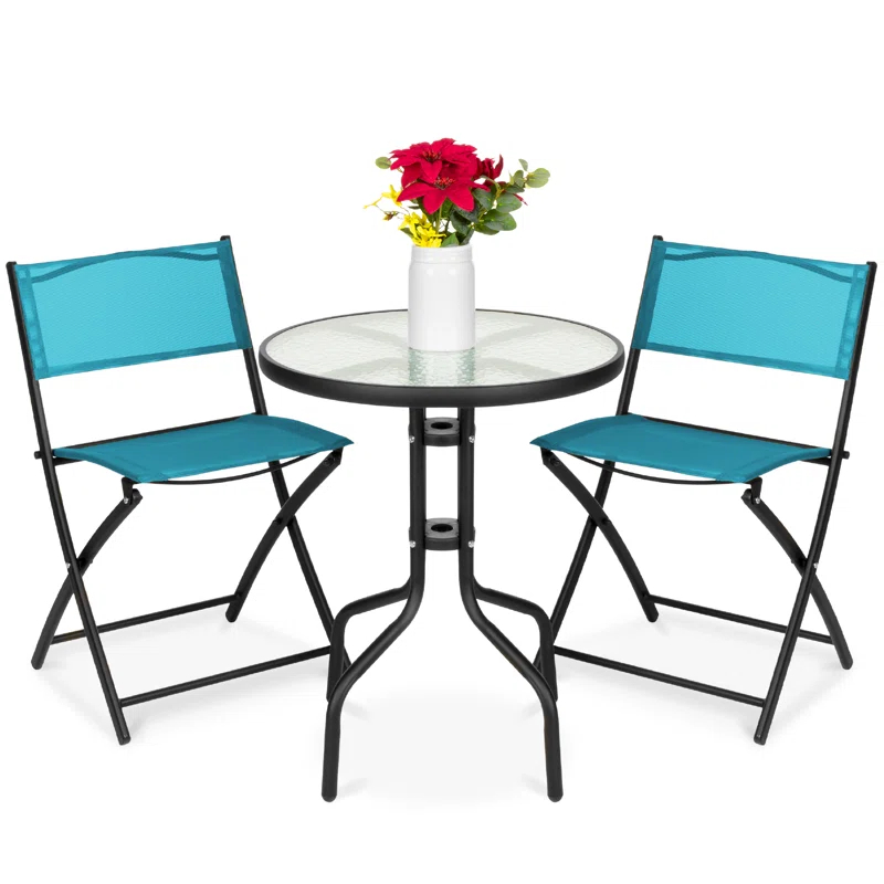 George Oliver 3-Piece Patio Bistro Dining Furniture Set W/ Glass Tabletop, Folding Chairs