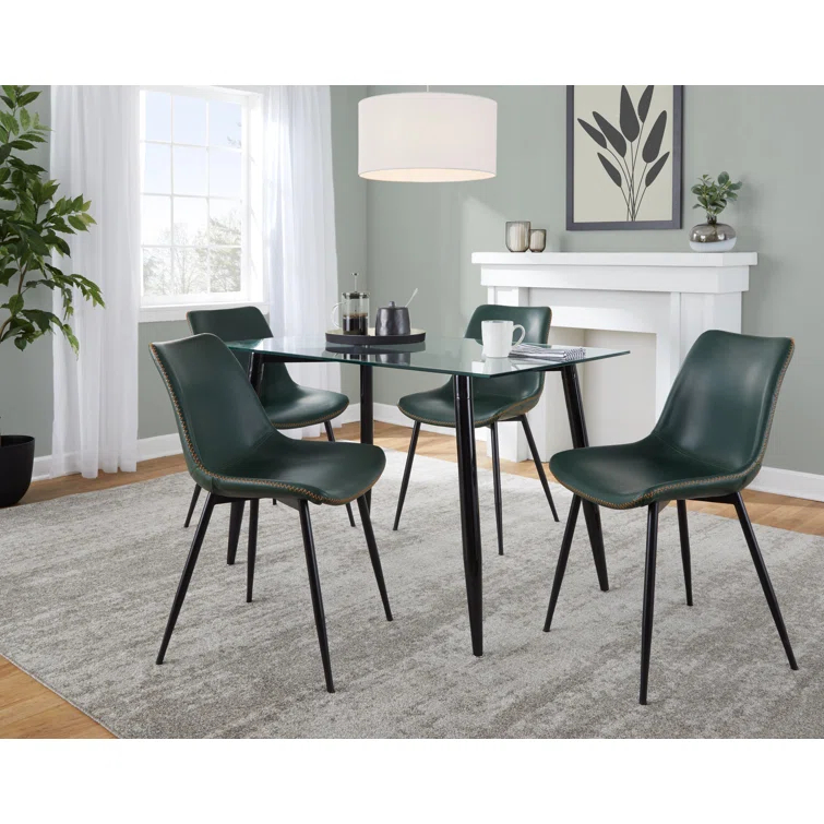 LumiSource Clara-Durango Contemporary Dining Set In Black Metal, Clear Glass And Green Vintage Faux Leather With Orange Zig Zag Stitching - 5 Piece