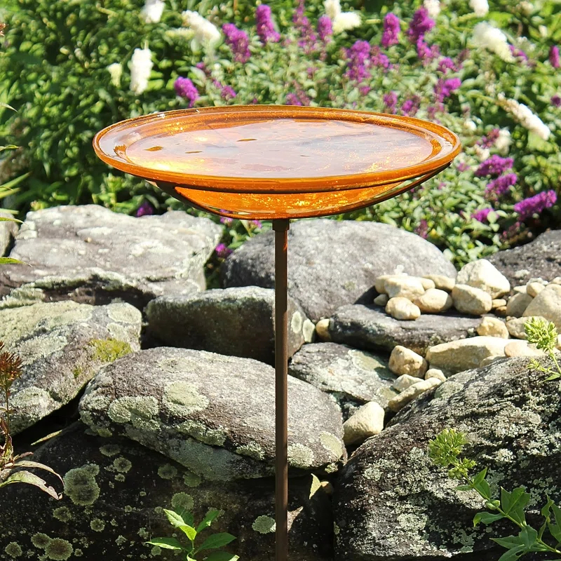 Winston Porter Crackle Glass Birdbath Bowl with Stake, 14-in