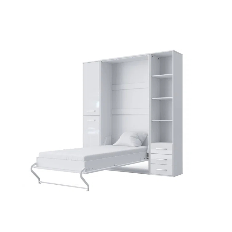 European Twin Size White Wall Bed with 3 Storage Drawers