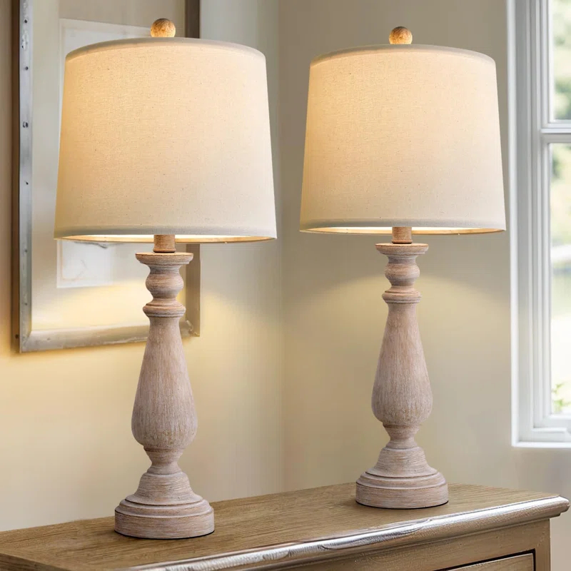 24.5" Mid Century Table Lamp Set Of 2 For Living Room Farmhouse Linen Bedside Lamps For Bedroom Kids Room Dorm Office Rustic Lamps For End Table Nigntstand Resin