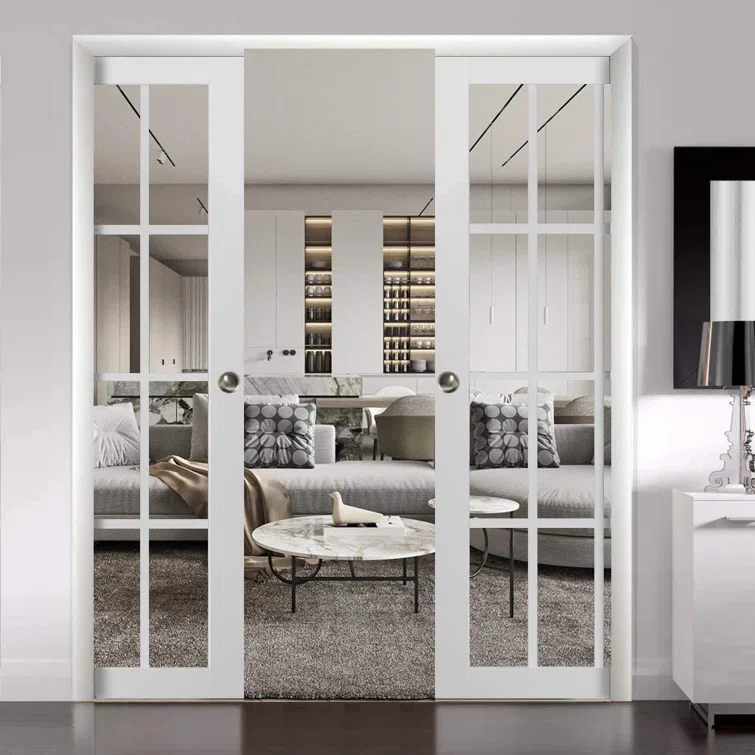 SARTODOORS Sliding French Double Pocket Doors 12 Lites | Felicia 3355 With Clear Glass | Kit Trims Rail Hardware | Solid Wood Interior Bedroom Sturdy Doors