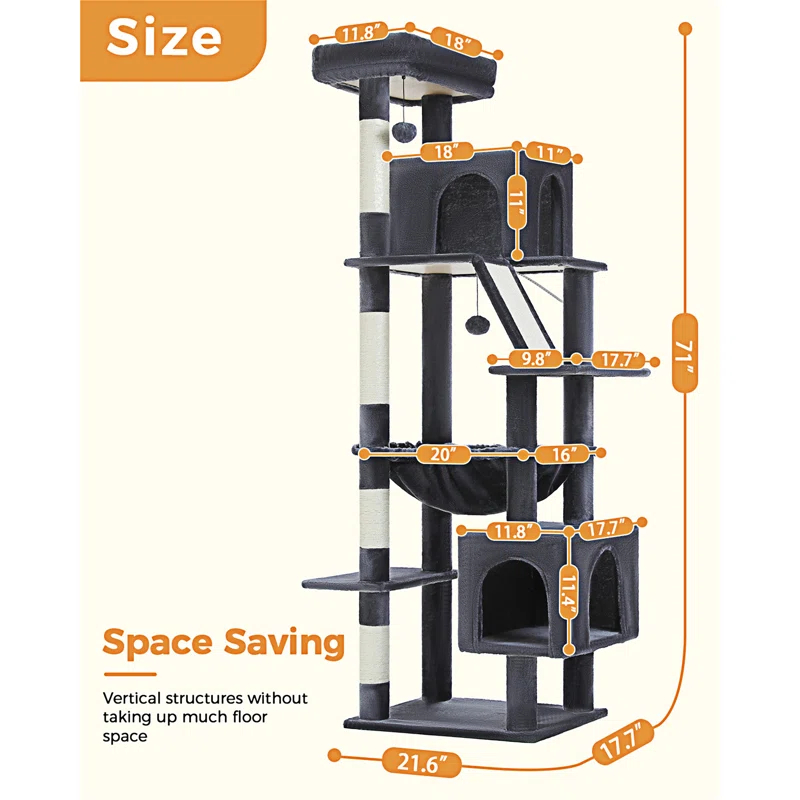 Cat Tree For Large Cats, 71" Tall Cat Tower, Large Cat Tree For Indoor Cats, Multi-Level Cat House Furniture With 2 Big Condo Pad Bed, Cozy Hammock And Sisal Scratching Posts