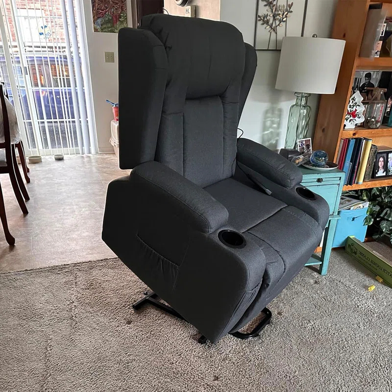 Hokku Designs Modern Linen Electric Power Lift Chair, Recliner Massage Chair, Adjustable Furniture for Back, USB Port, Heat, Cupholders