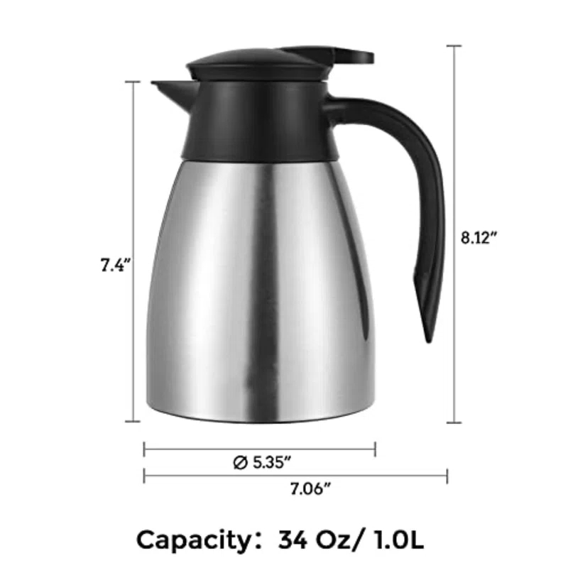 Stack man 34 Oz Thermal Coffee Carafe, Stainless Steel Insulated Vacuum Coffee Carafes For Keeping Hot, 1 Liter Beverage Dispenser (Silver)