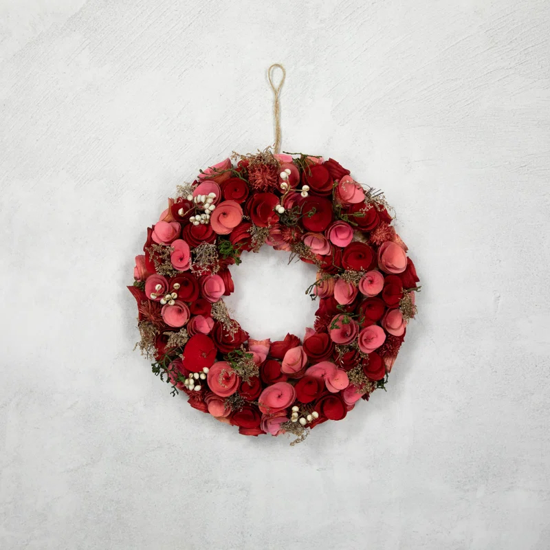 Northlight Seasonal Pink and Red Wooden Roses Artificial Spring Wreath 13-Inch Unlit