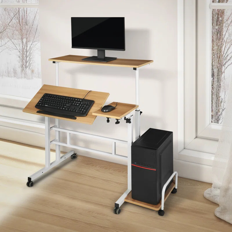 MoNiBloom Mobile Computer Desk Workstation, Rolling Laptop Standing Table with Monitor Shelf and Host Rack
