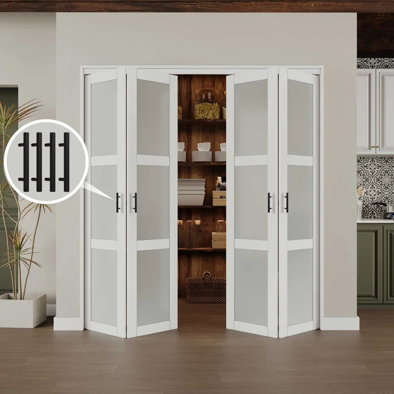 CHIC MODE Double Bifold Doors 3 Lite Frosted Glass Solid Manufactured Wood Prefinished Folding Door