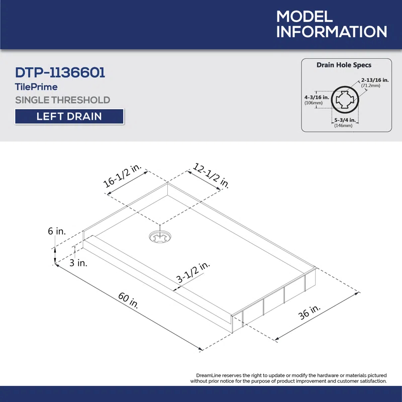 DreamLine DTP-1136601 DreamLine TilePrime 36 in. D x 60 in. W x 3 in. H Single Threshold Shower Base