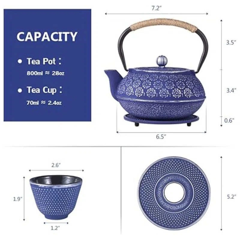 Darby Home Co Blue Floral Japanese Cast Iron Teapot Set with 4 Cups