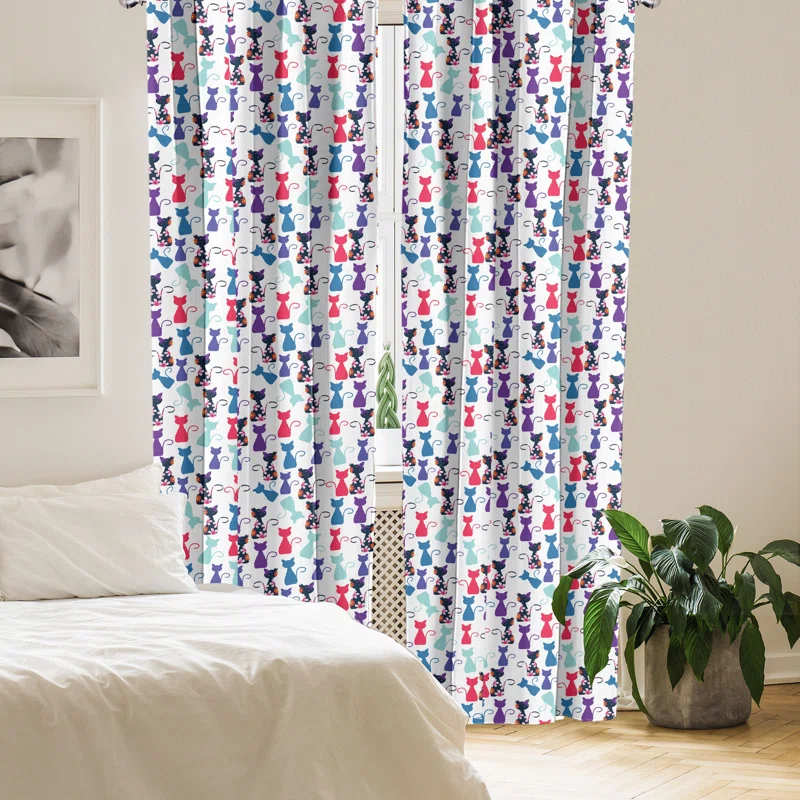 Cat Print Semi-Sheer Rod Pocket Curtain Panels (Set of 2)
