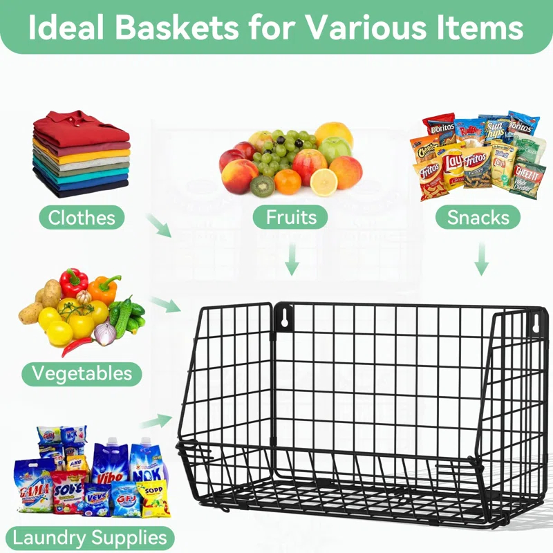 Rebrilliant Hanging Baskets For Organizing, 5 Tier Wall Basket Storage For Kitchen, Wire Closet Organizer Shelves For Small Space, Multifunctional Wall Mounted Baskets For Laundry Room, Pantry, Fruit