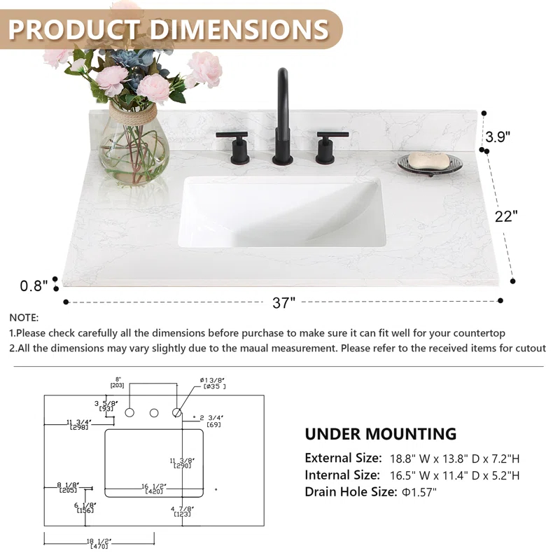 Ceres 37" Engineered Stone Single Bathroom Vanity Top with Sink