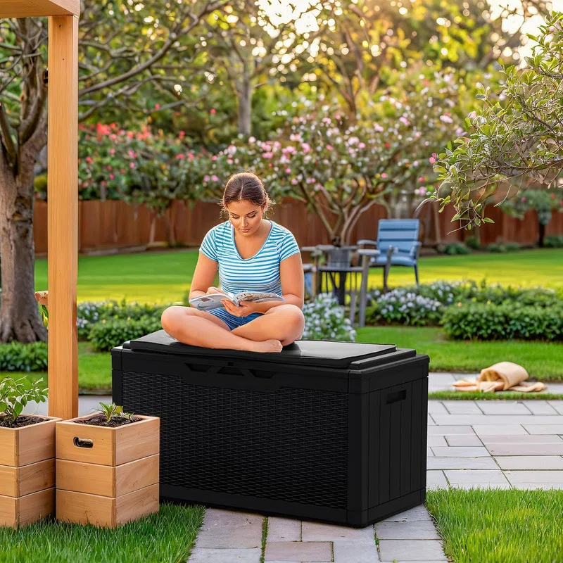 GEMBIK 100 Gallon Resin Deck Box, Large Outdoor Storage Bench with Cushions, Black