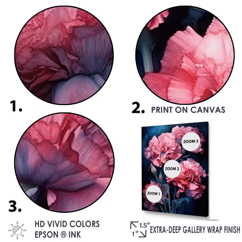 Design Art " Pink Carnation On Navy Blue Ink "