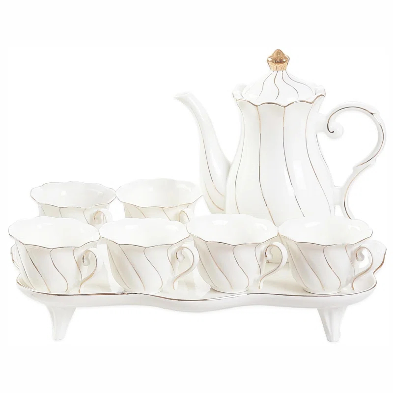 Red Barrel Studio® 14 Pcs Tea Set For 6 With Tea Tray & Spoons, Luxury British Style Tea/Coffee Cup Set With Golden Trim, Beautiful Porcelain Tea Set For Living Room Decor, Tea Party Set, Gift Package - White