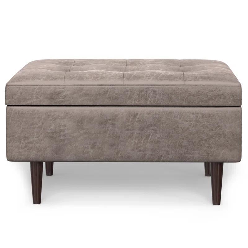 Simpli Home Shay 34"W Upholstered Coffee Table Storage Ottoman with Lift Top and Tufted Detailing