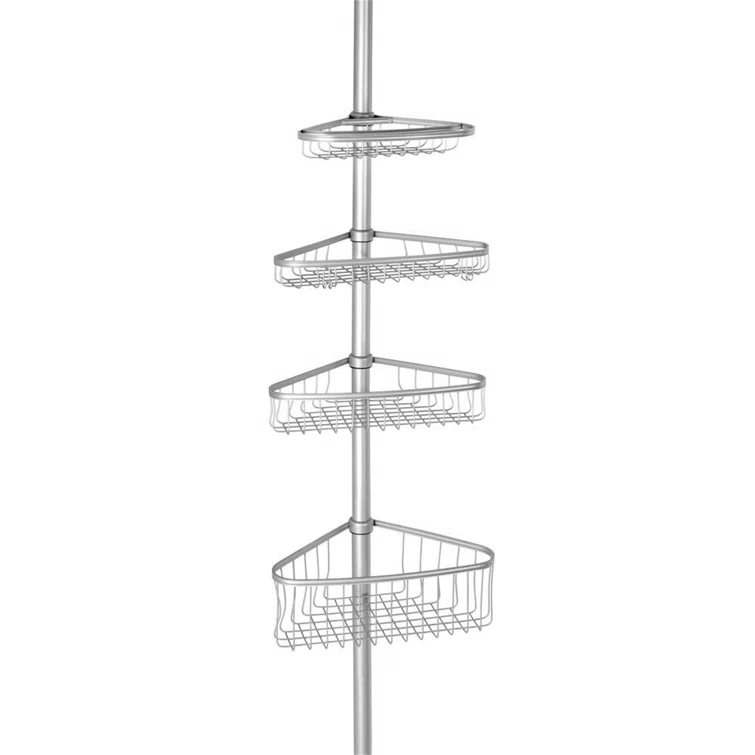 iDESIGN Steel 4 Tier Tension Pole Corner Shower Caddy York Collection Silver
