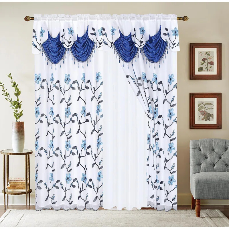 Red Barrel Studio® Embroidery Sheer Curtain 2 Panels Set Luxury Window Curtain Attached Valance With Satin Backing And 2 Tie Backs