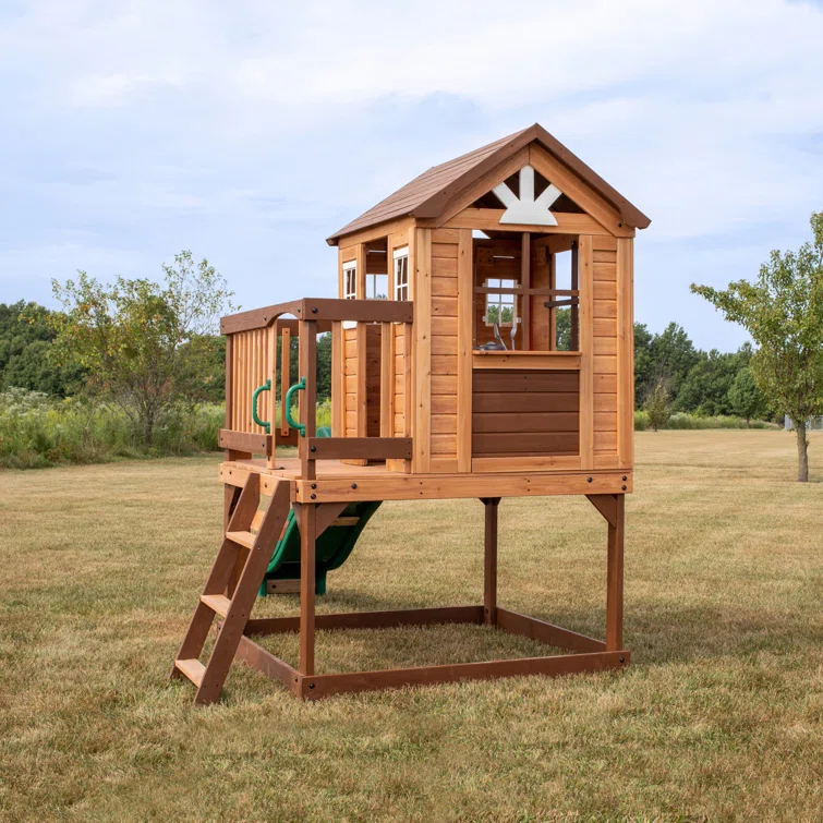 Backyard Discovery Echo Heights Cedar Wooden Elevated Kids Playhouse with Wave Slide, Play Kitchen, and Deck & Reviews | Wayfair