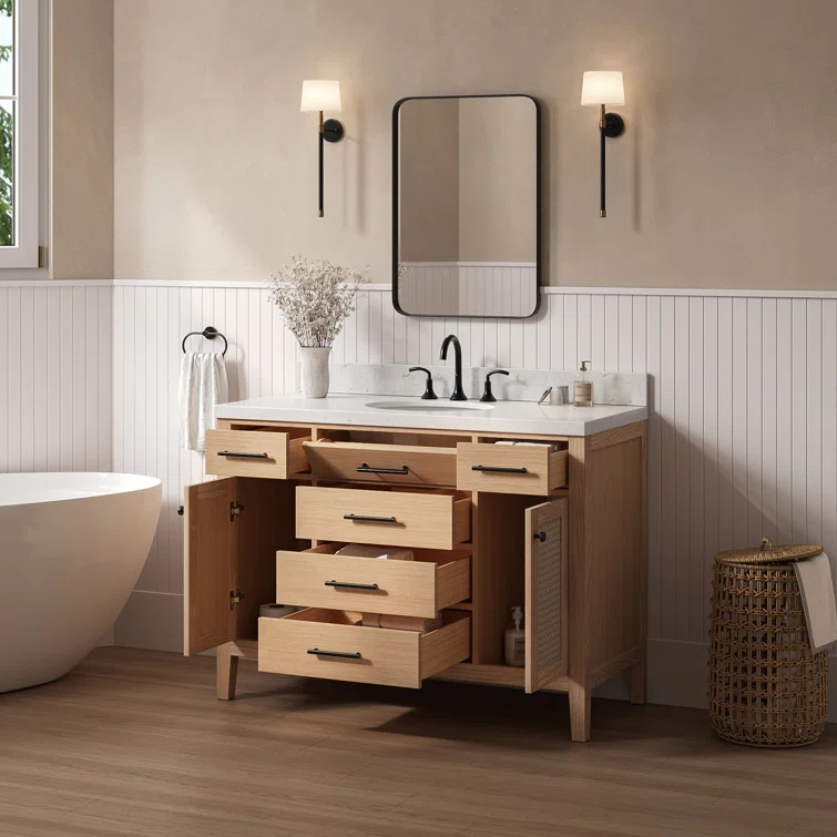 Bayou Breeze Ariel Broeder 48 Inch Bathroom Vanity With Carrara White Quartz Countertop 1.5 Inch Edge In Oak