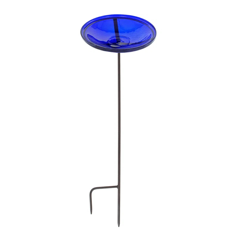 Winston Porter Crackle Glass Birdbath Bowl with Stake, 14-in