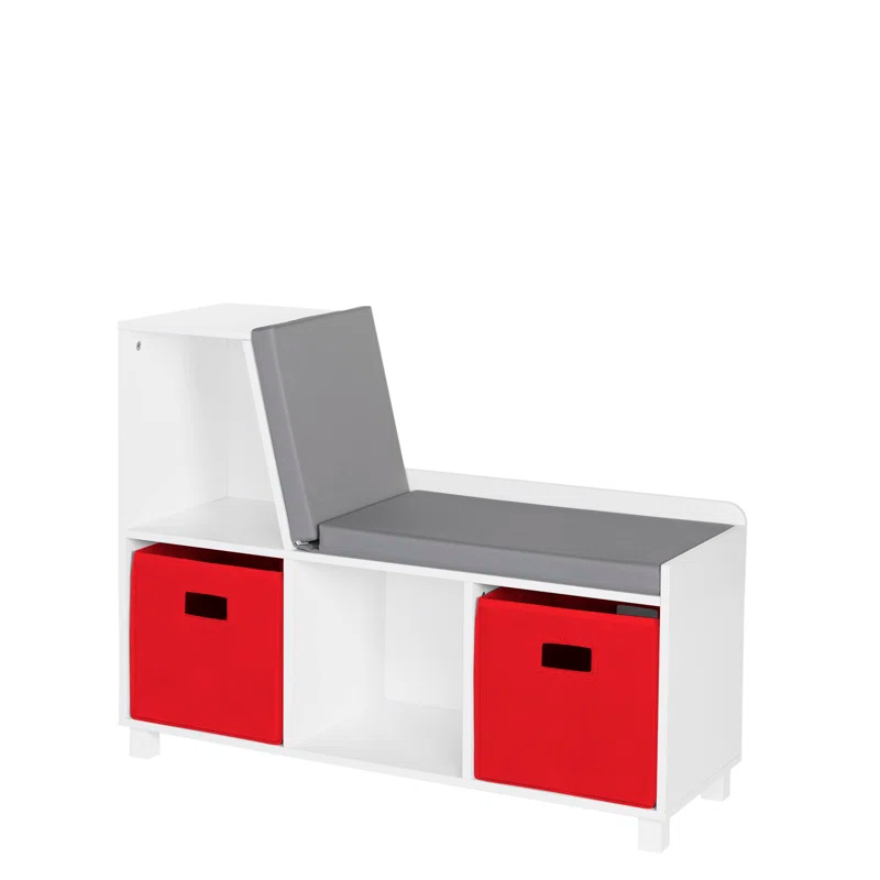 RiverRidge Home RiverRidge Kids Reading Book Nook Cushioned Toy Storage Bench with Cubby Organizers and 2 Fabric Bins- White