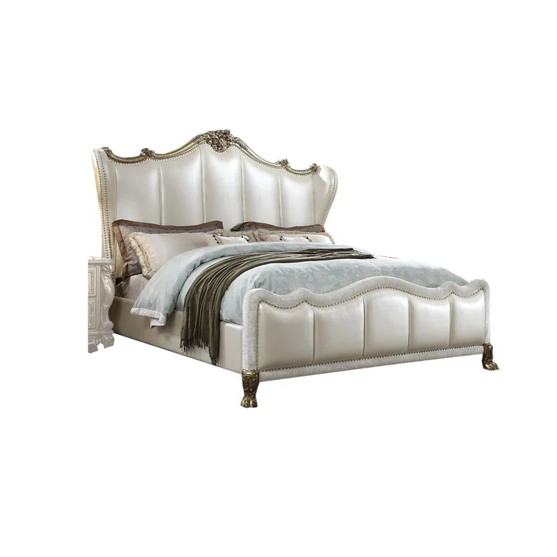 Benjara Ally Bed, White Faux Leather Victorian Carved, White And Silver
