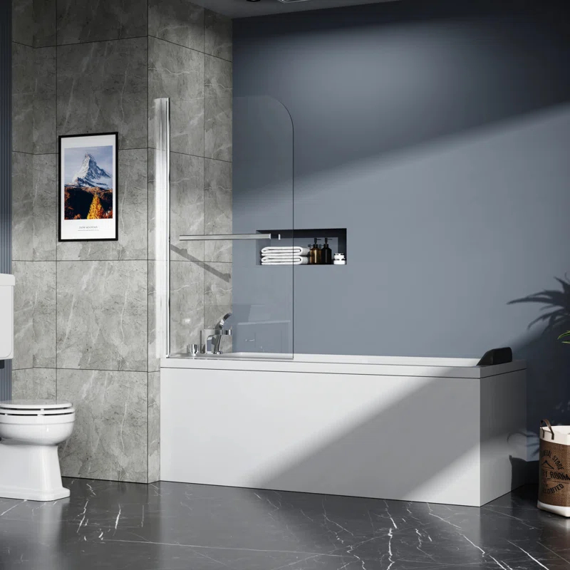 31" W x 55" H Tub Shower Door Panel, Foldable Bathtub Glass Shower Door, 180°Rotatable Pivot Glass Door Screen with 1/4" Thick SGCC Tempered Glass