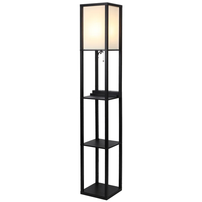 Brightech Maxwell 63 in. 3-Shelf Modern USB and Wireless Charging LED Floor Lamp with Fabric Square Shade