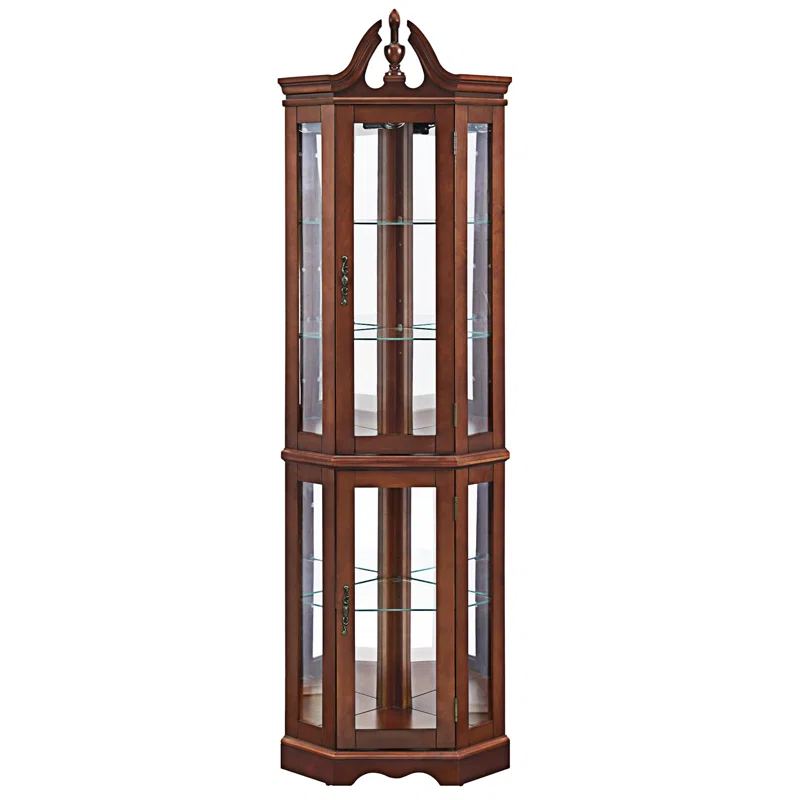 wendeway Walnut Corner Curio Cabinet With Lights,Adjustable Tempered Glass Shelves, Mirrored Back, Display Cabinet,Sideboard,Bookshelf