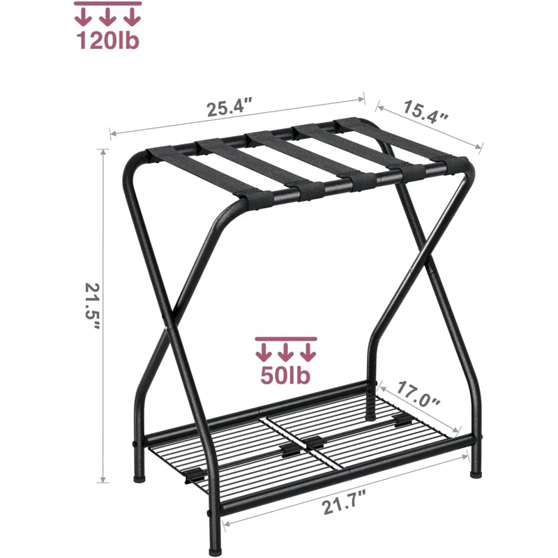 A Home Rack Set Of 2, Foldable Suitcase Stand With Storage Shelf, Metal Luggage Holder For Guest Room, Bedroom