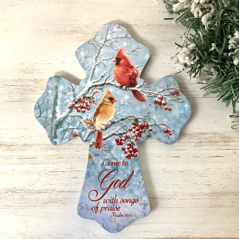 Glow Decor Winter Cardinals Wooden Cross