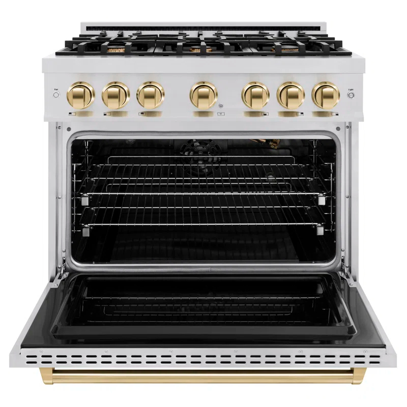 ZLINE CGRZ-36-G ZLINE Autograph Edition 36 in. 5.2 cu. ft. Classic Gas Range W/ 6 Burner Cooktop & Convection Gas Oven in Stainless Steel & Champagne Bronze Accents (CGRZ-36-CB)