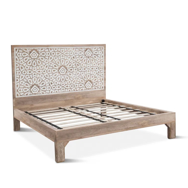 Natural White Mango Wood Queen Bed with Carved Headboard
