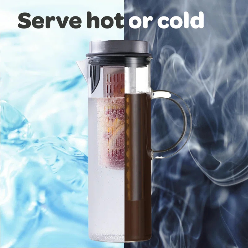 MODERN WALLS LLC B07WS8D4KF Cold Brew Coffee Maker - Large Glass Infusion Pitcher 1.6 Quarts 52Oz - Iced Coffee & Iced Tea Pitcher With Stainless Steel Lid & Fruit Infusion Tube - Perfect For Home Or Office