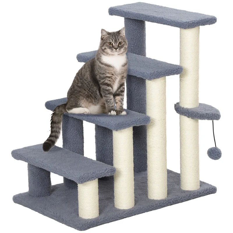 4 Levels Cat Steps, Pet Stairs Carpeted Ladder, Kitten Tree Climber With Scratching Posts, Hanging Play Ball, Side Step, For High Bed, Sofa, Gray