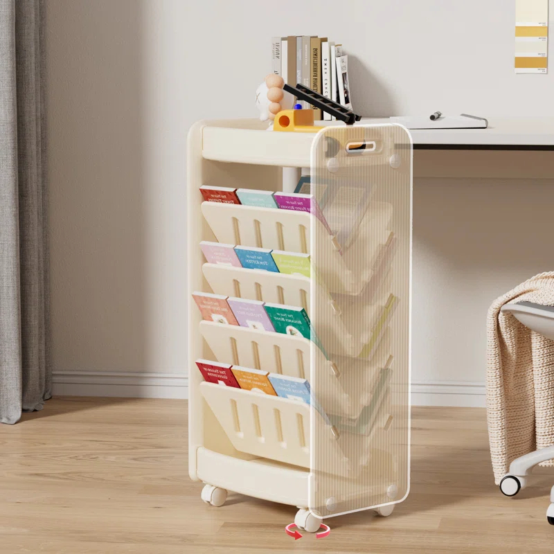 hoopyosms 6-Tier Double-Sided Kids Bookshelf With Wheels, Slanted Shelves & HDPE Material - Beige, Mobile Book Storage For Bedroom Or Playroom