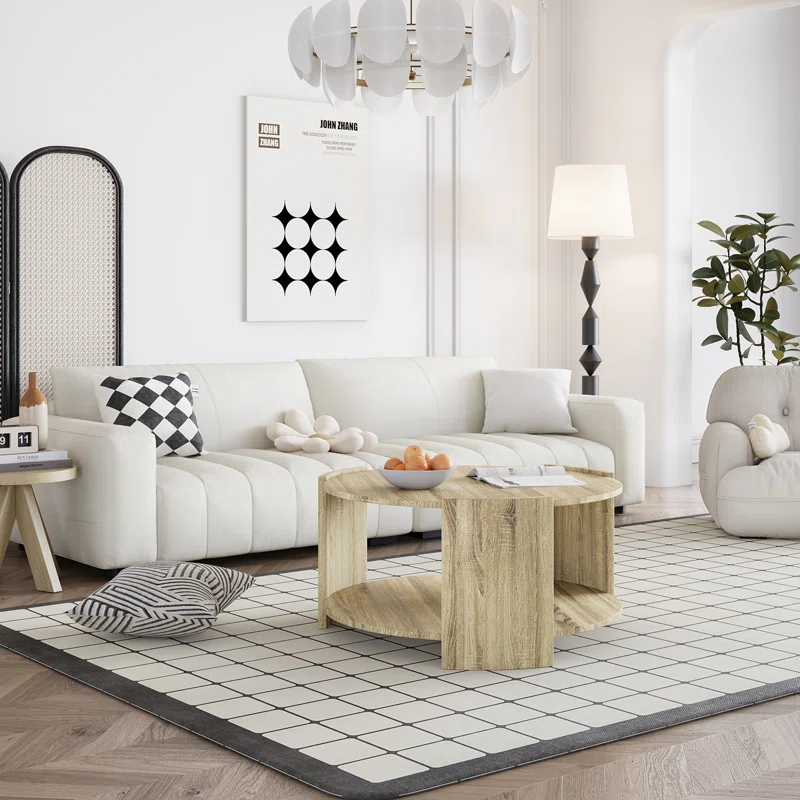 Ebern Designs Michaelee Round Coffee Table, 36" Rustic Modern Circle Coffee Tables with 2 Tier Storage Shelf, Cocktail Table for Living Room Apartment