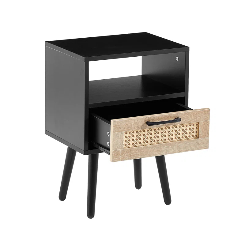 Corrigan Studio® 15.75 Rattan End Table Drawer Solid Wood Legs Modern Nightstand Side Table Living Room Bedroom Black