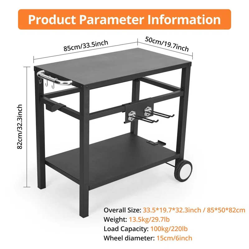 gaomon Outdoor Grill Cart Pizza Oven Stand, BBQ Prep Table with Wheels & Hooks, Side Handle, Double-Shelf
