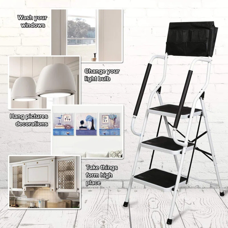 WFX Utility™ 3-Step Ladder With Handrails - 500 Lb Capacity Folding Stepladder With Wide Non-Slip Pedals, Safety Rails, And Tool Bag