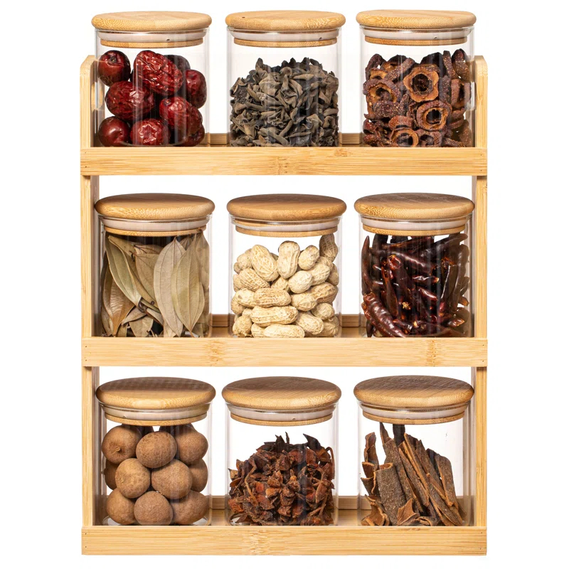 Rebrilliant Rebrilliant Versatile 3-tier Bamboo Spice Rack And Pantry Organizer With 9 Glass Jars – Perfect For Countertop Storage In Kitchens To Keep Seasoning Containers Neatly Displayed And Easily Accessible