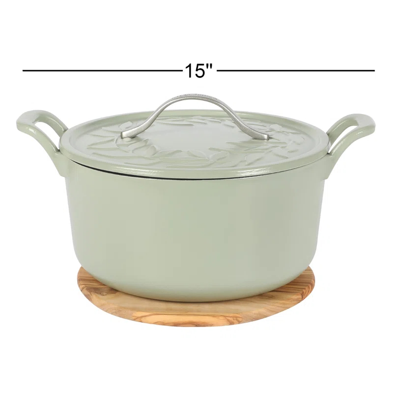 Bloomhouse 7 Qt Cast Iron Dutch Oven w/ Lid, European Enamel, & Walnut Wood Trivet - Oat White