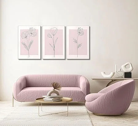 Lark Manor™ 3 Pieces Minimalism Botanical Canvas Wall Art Pink Flowers Line Plants Pictures Wall Decor Posters Print Artwork For Girls' Room Living Room Bedroom Bathroom Office Home Decoration