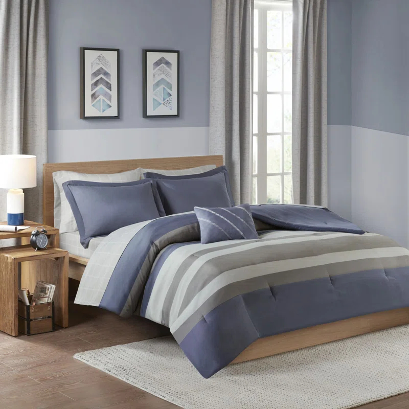 Marsden Blue/Gray Microfiber Striped Comforter Set with Bed Sheets